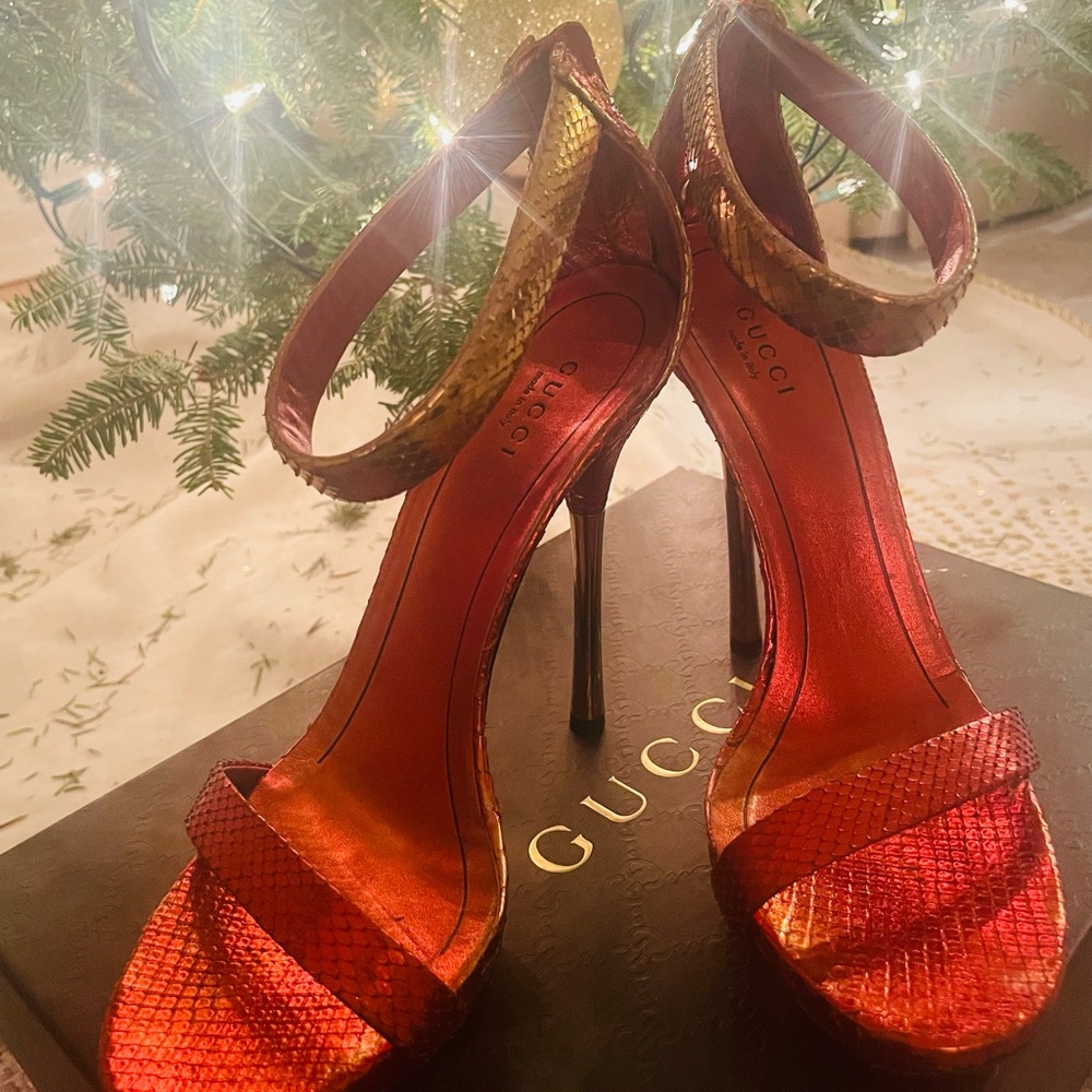 Gucci Orange And Gold Python Heels - image 2